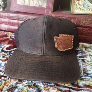 Get Out There Trucker Hat Brown Leather Patch Snapback Outdoor Adventure Cap